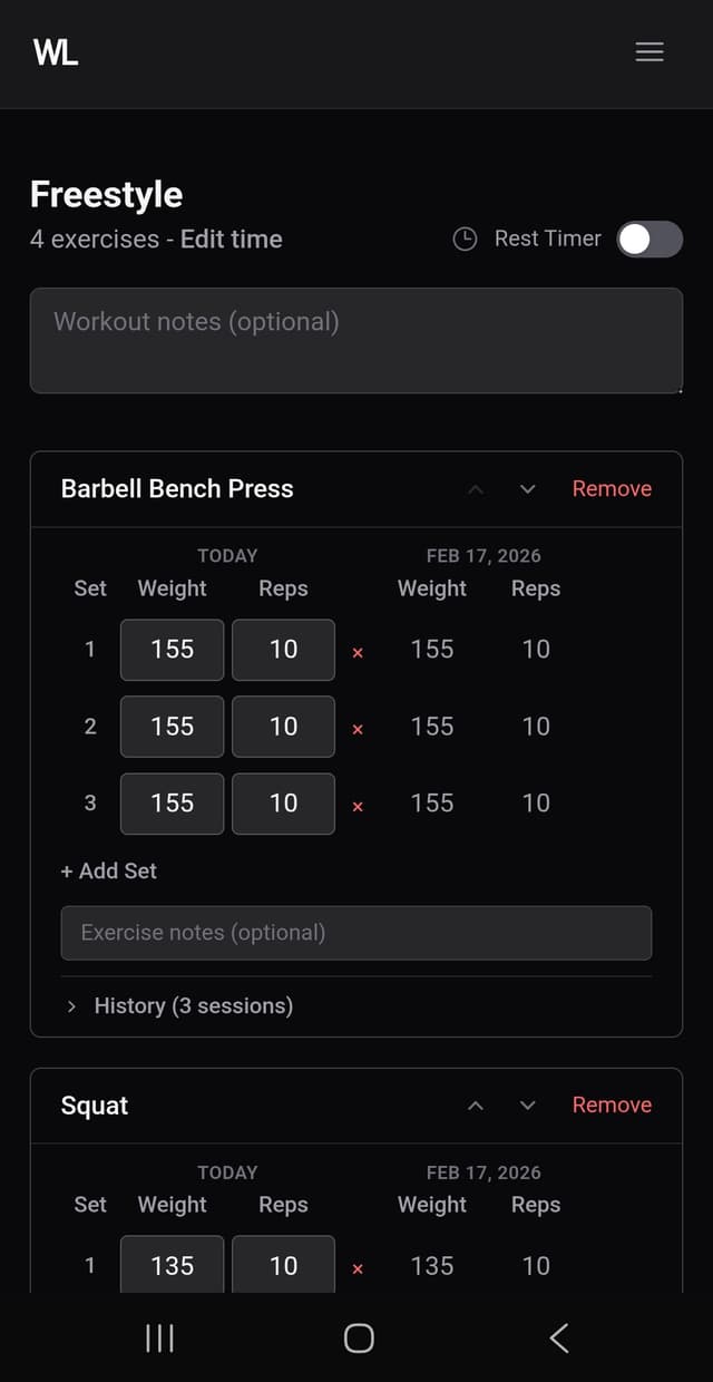 Weightlifting Log workout tracking screen showing Barbell Bench Press and Squat exercises with sets, weight, and reps