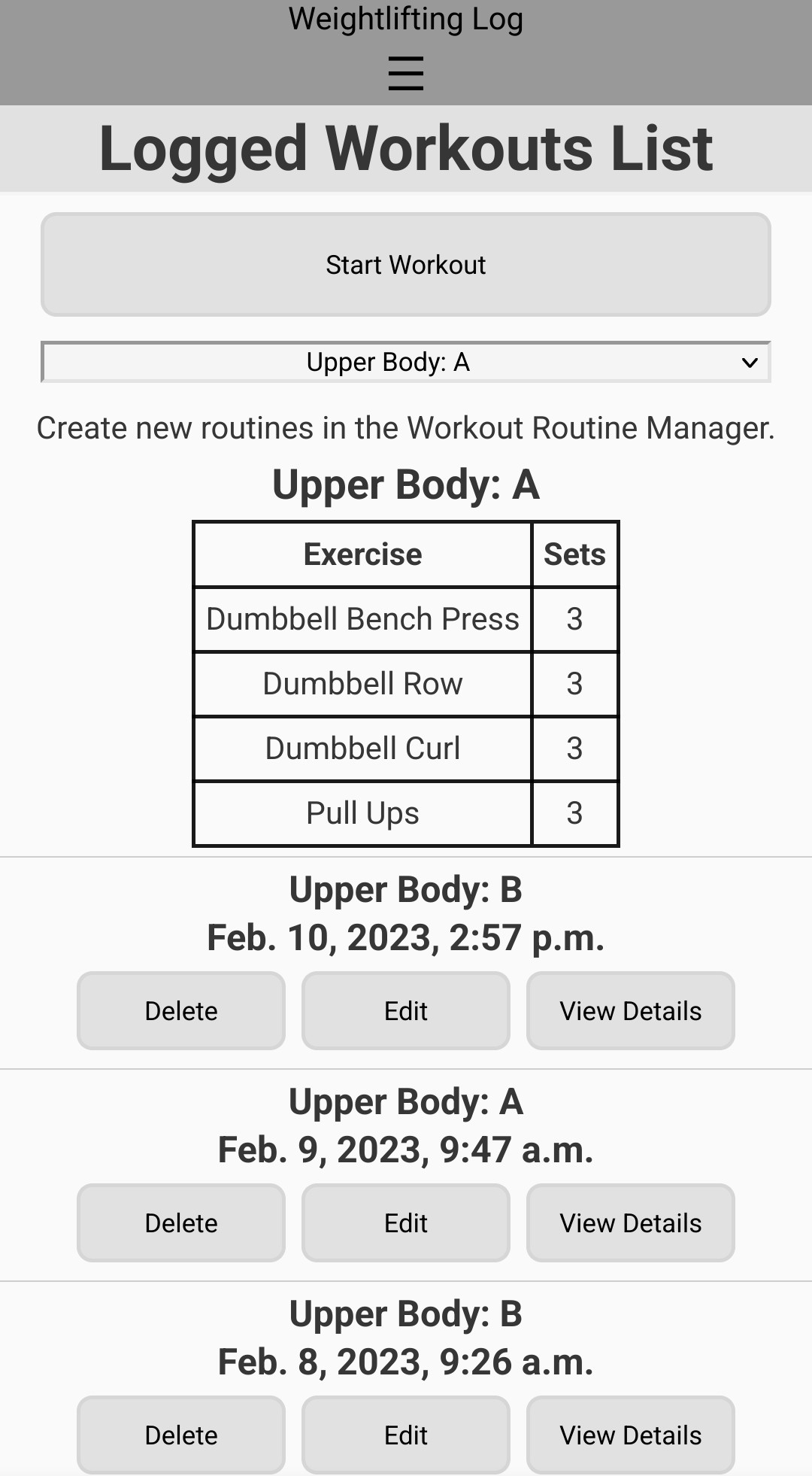 Logged Workout List